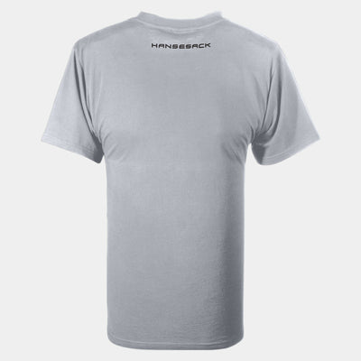 Hansesack Produktbild graues T-Shirt mit weißem Hansesack Aufdruck von hinten