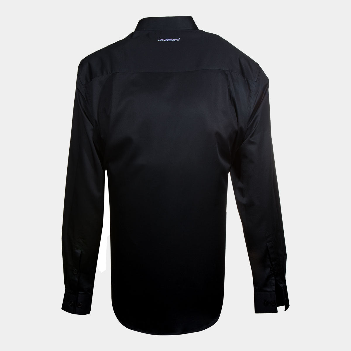 Hansesack Produktbild schwarzes Business-Hemd mit Brusttasche seidig glänzend von hinten