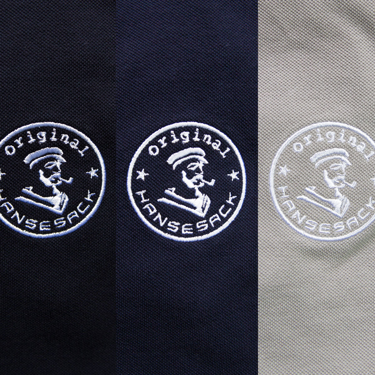 Hansesack Produktbild Farbvergleich Polo-Shirts schwarz, marine, grau mit weißem Original Hansesack Stick Nahaufnahme