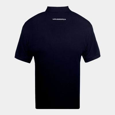 Hansesack Produktbild marine Polo-Shirt mit weißem Hansesack Stick von hinten