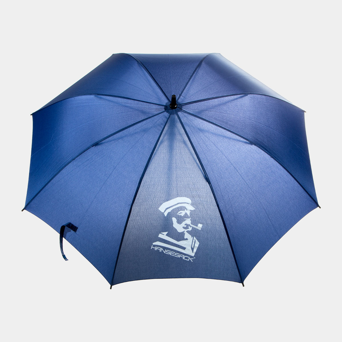 Hansesack Produktbild Regenschirm marine offen mit Hansesack Kopf Logo, von vorne