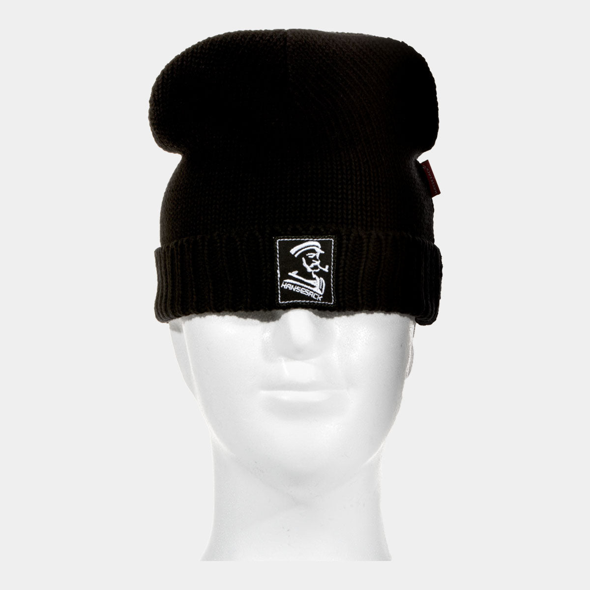 Hansesack Produktbild Strickmütze mit Hansesack Kopf Logo marine von vorne Aussteller Kopf