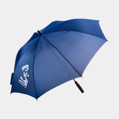 Hansesack Produktbild Regenschirm marine offen mit Hansesack Kopf Logo, von der Seite