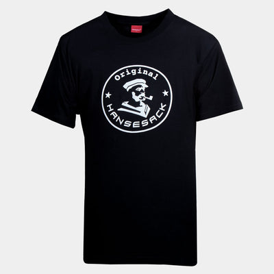 Hansesack Produktbild schwarzes T-Shirt mit weißem großem Original Hansesack Aufdruck von vorne