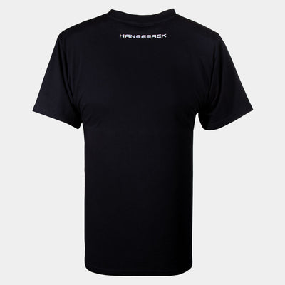 Hansesack Produktbild schwarzes T-Shirt mit weißem Hansesack Aufdruck von hinten