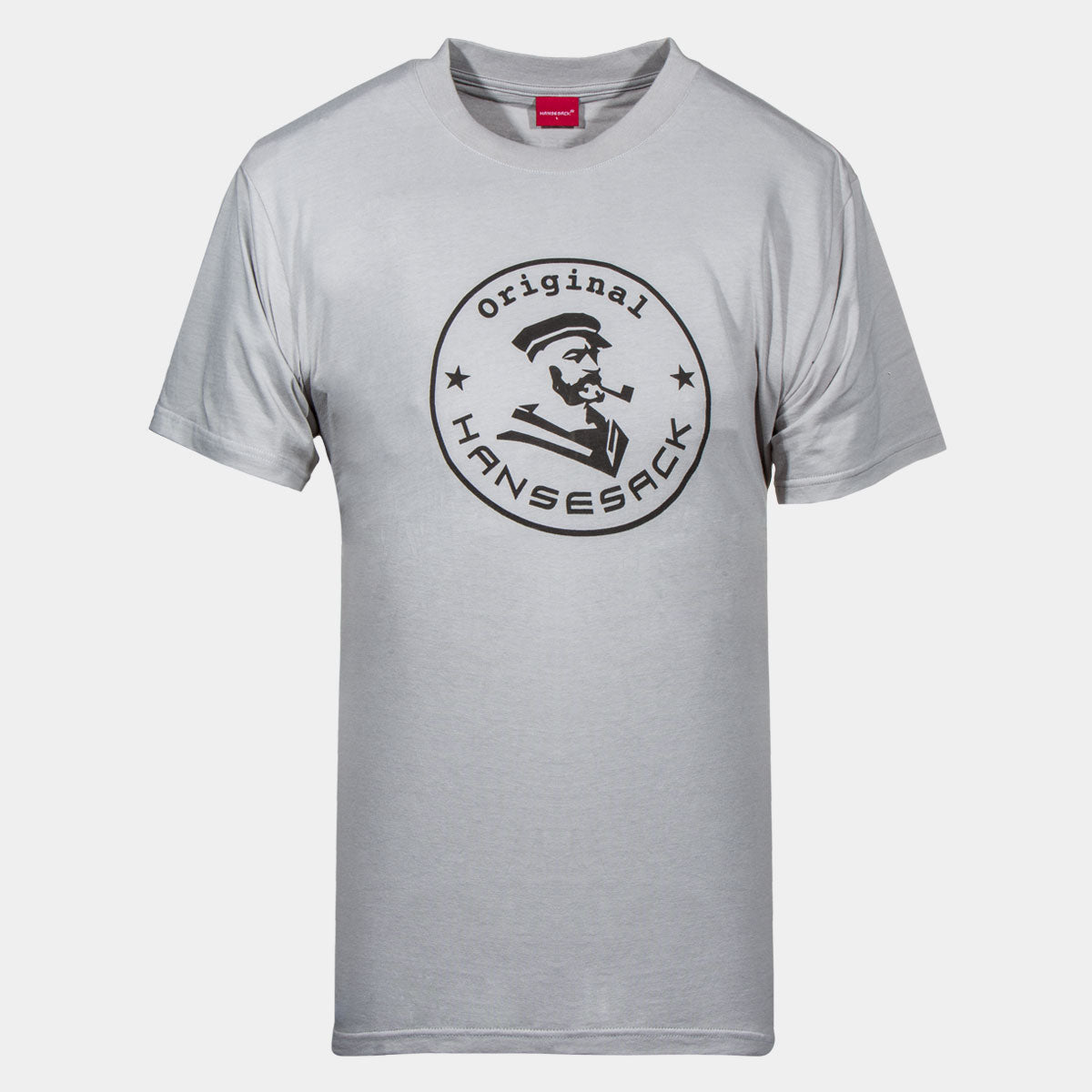 Hansesack Produktbild graues T-Shirt mit weißem großem Original Hansesack Aufdruck von vorne
