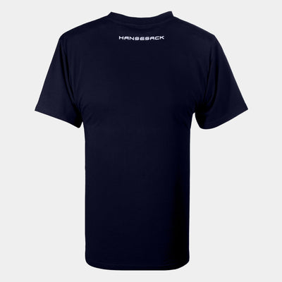 Hansesack Produktbild marine T-Shirt mit weißem Hansesack Aufdruck von hinten