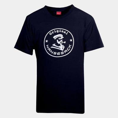 Hansesack Produktbild marine T-Shirt mit weißem großem Original Hansesack Aufdruck von vorne